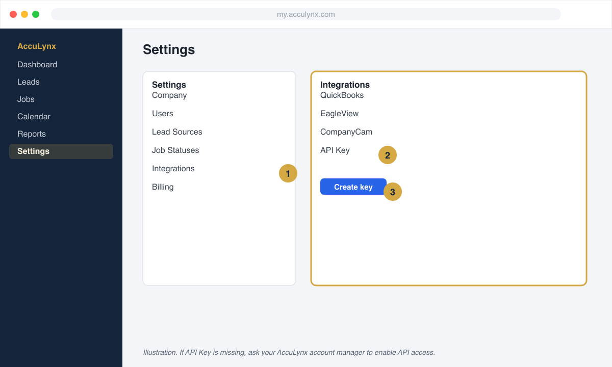 AccuLynx Settings with Integrations and the API Key section