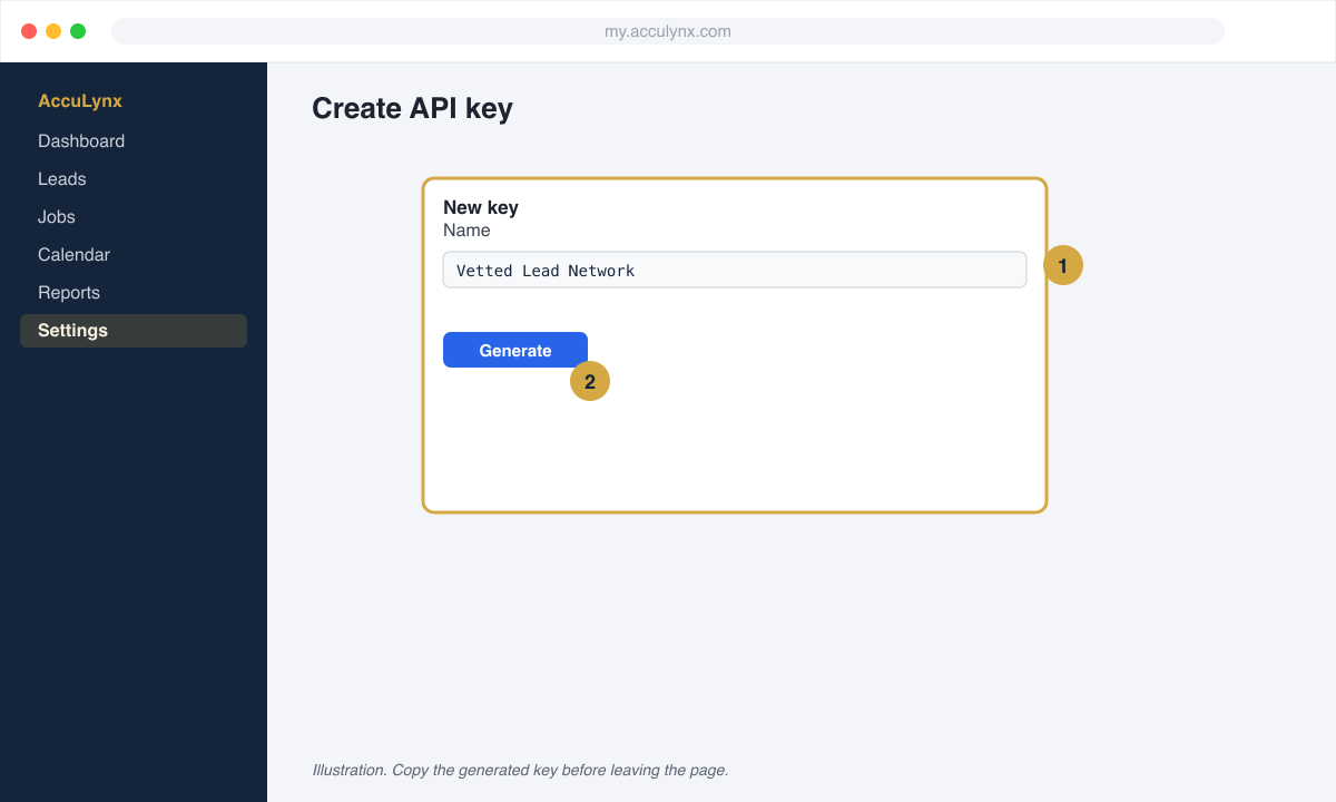 Create API key dialog named Vetted Lead Network