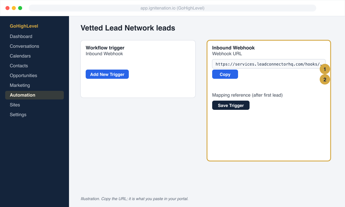 Inbound Webhook trigger selected, showing the webhook URL with a copy button