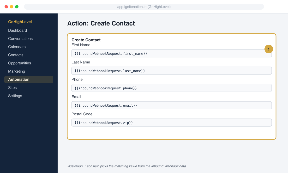 Create Contact action with the mapping fields filled from the inbound webhook data