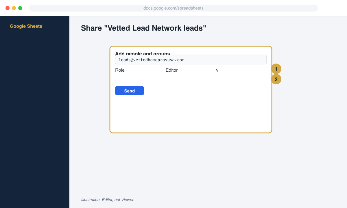 Google Sheets share dialog with the editor role selected