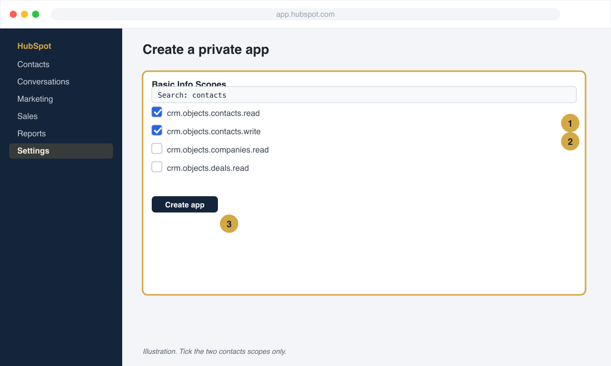 Scopes tab with crm.objects.contacts.read and crm.objects.contacts.write checked