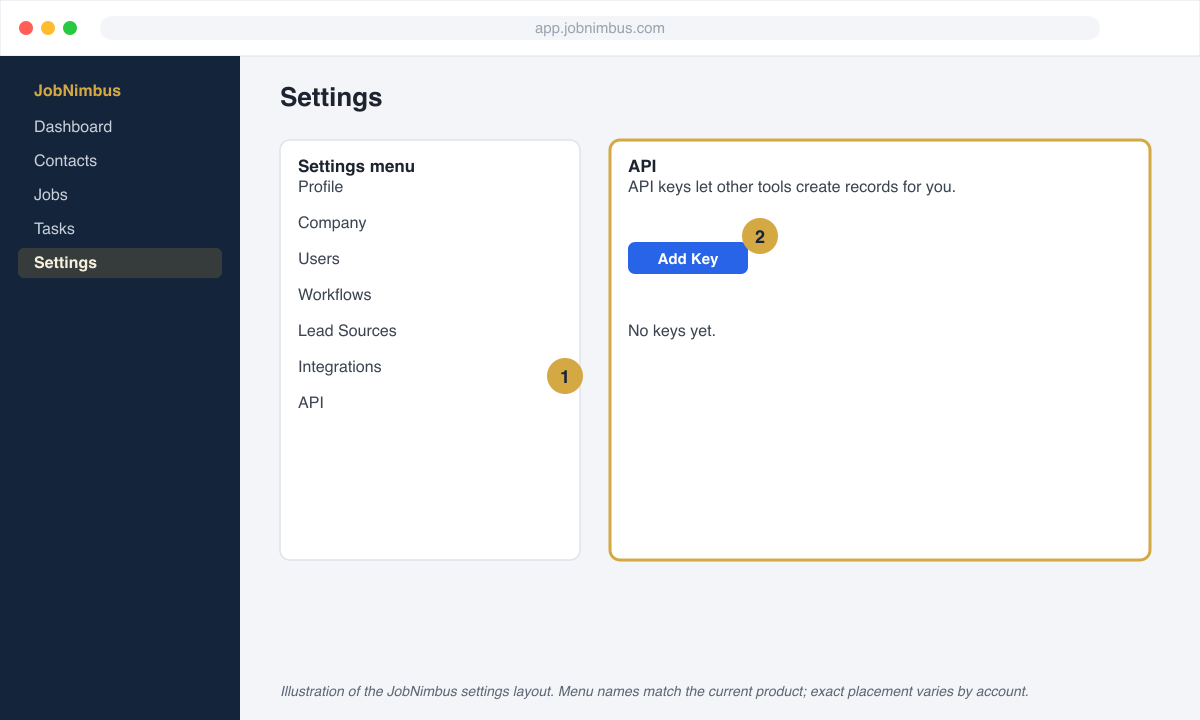 JobNimbus Settings page with the API section open