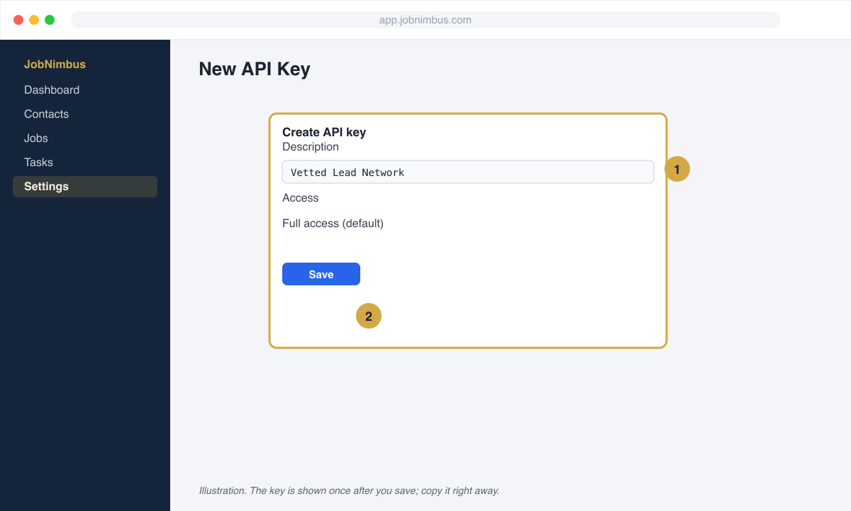 New API key dialog with the name Vetted Lead Network