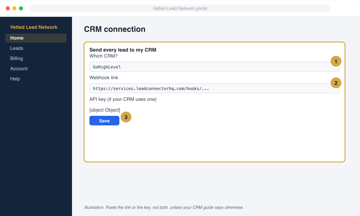 CRM connection card with a CRM dropdown, a webhook link box, an API key box, and a save button