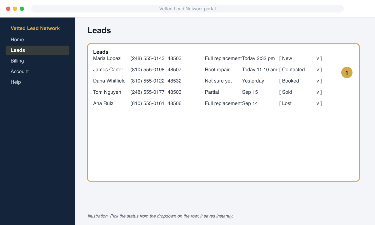 Portal leads list with a status dropdown on each row