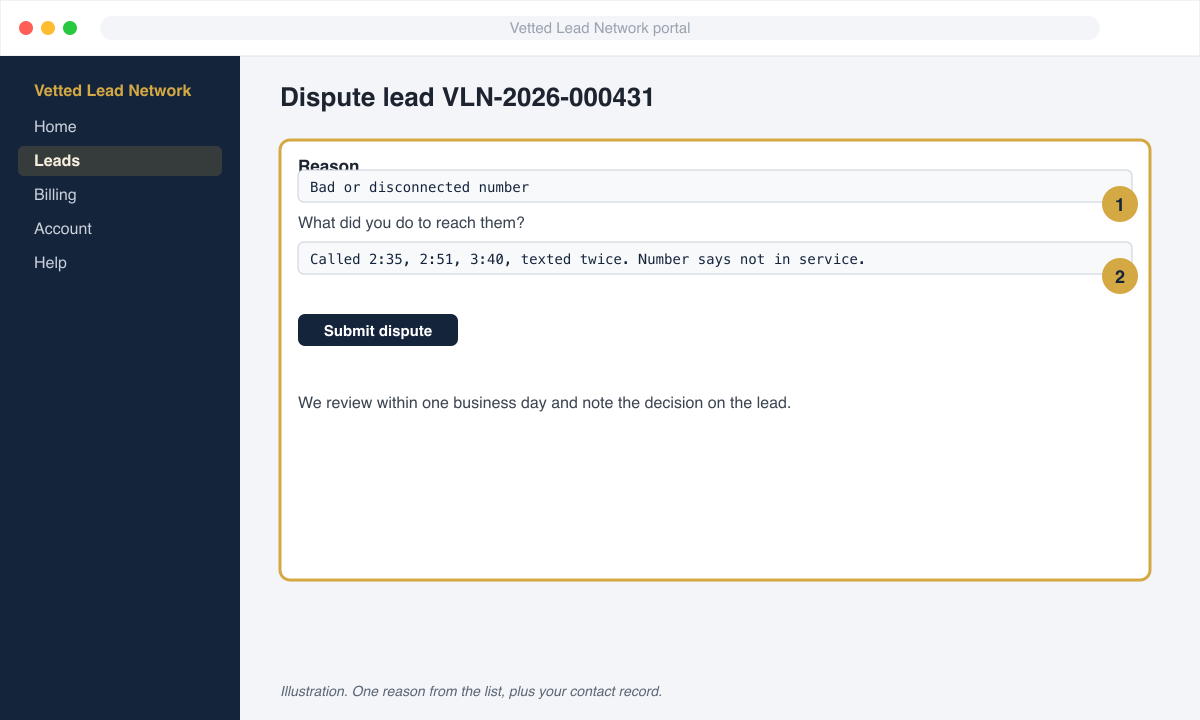 Dispute form with a reason dropdown and a note box
