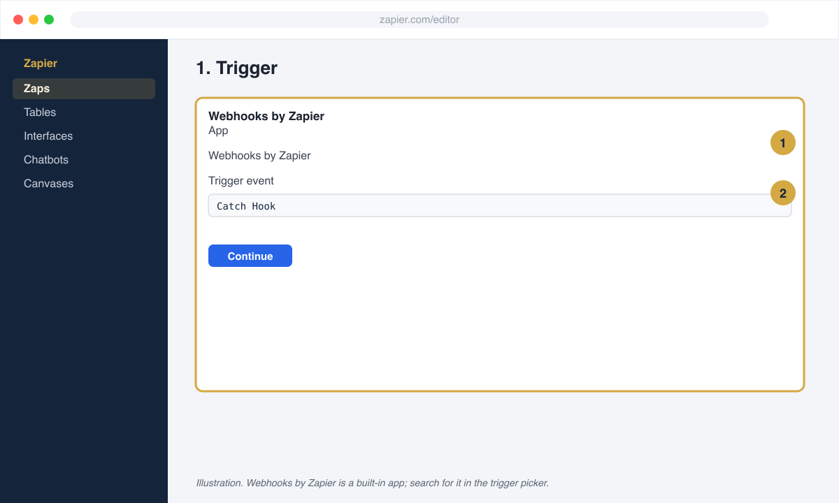 Zapier trigger set to Webhooks by Zapier with the Catch Hook event