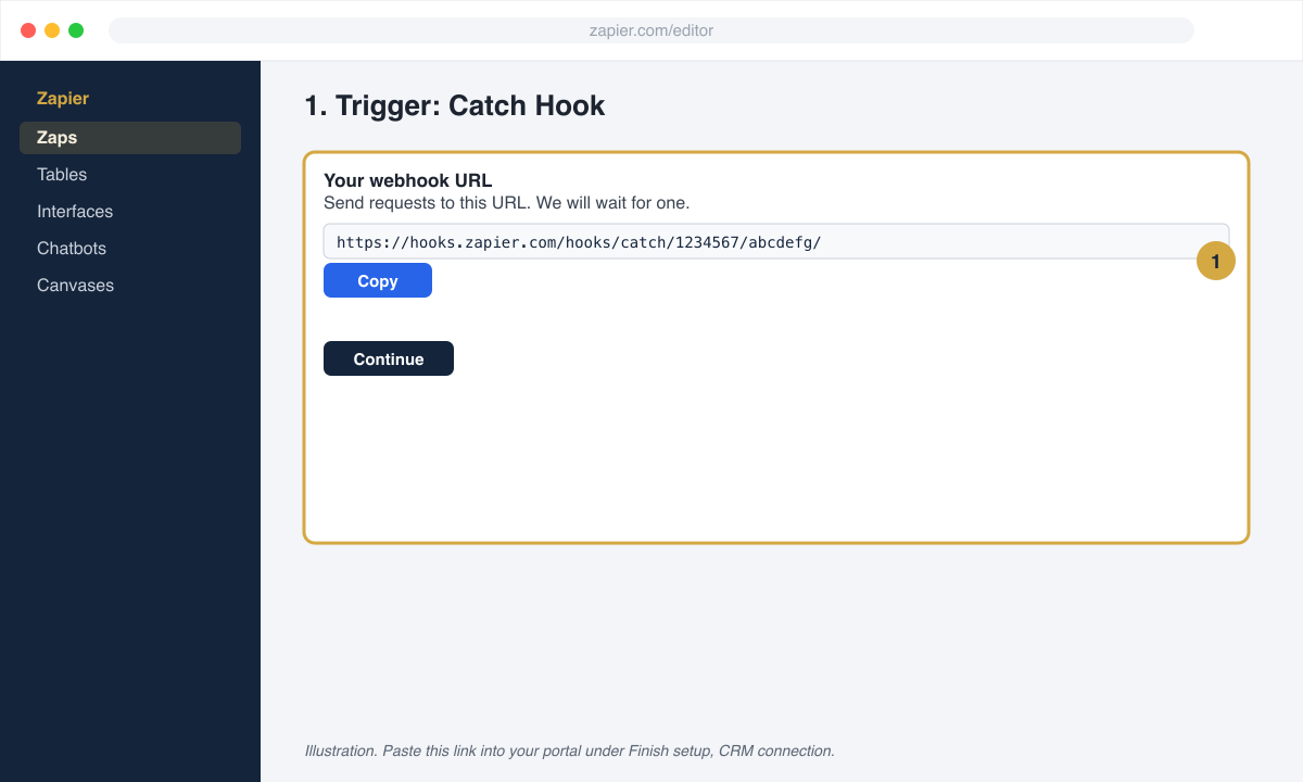 Zapier showing the Catch Hook URL with a copy button